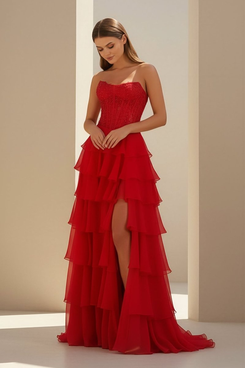 Luxie | Red - Strapless Chiffon Ruffled A Line Formal Prom Dresses With Lace Appliques - KissProm