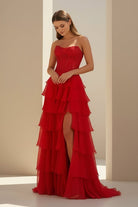 Luxie | Red - Strapless Chiffon Ruffled A Line Formal Prom Dresses With Lace Appliques - KissProm