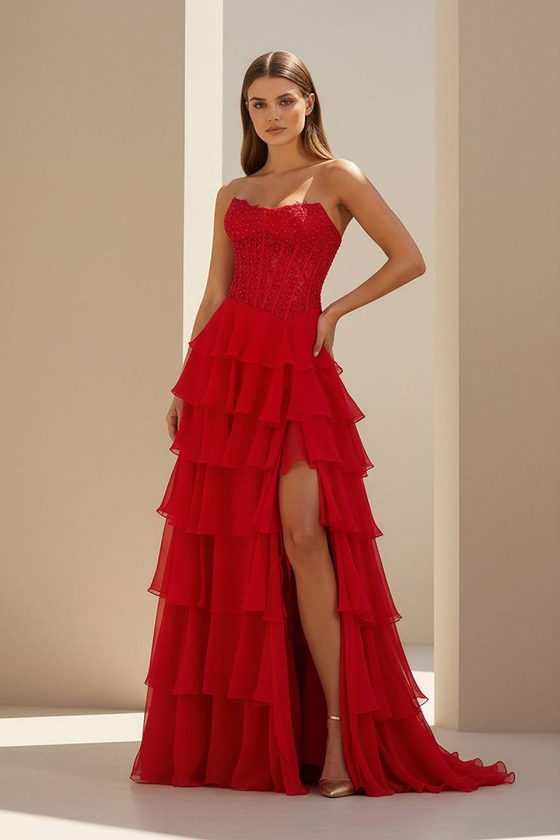 Luxie | Red - Strapless Chiffon Ruffled A Line Formal Prom Dresses With Lace Appliques - KissProm