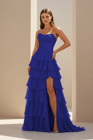Luxie | Royal Blue - Strapless Chiffon Ruffled A Line Formal Prom Dresses With Lace Appliques-KissProm
