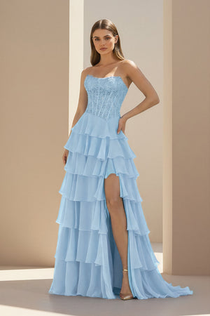 KissProm-Sky Blue Strapless Chiffon Ruffled A Line Formal Prom Dresses With Lace Appliques