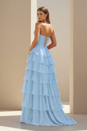 KissProm-Sky Blue Strapless Chiffon Ruffled A Line Formal Prom Dresses With Lace Appliques