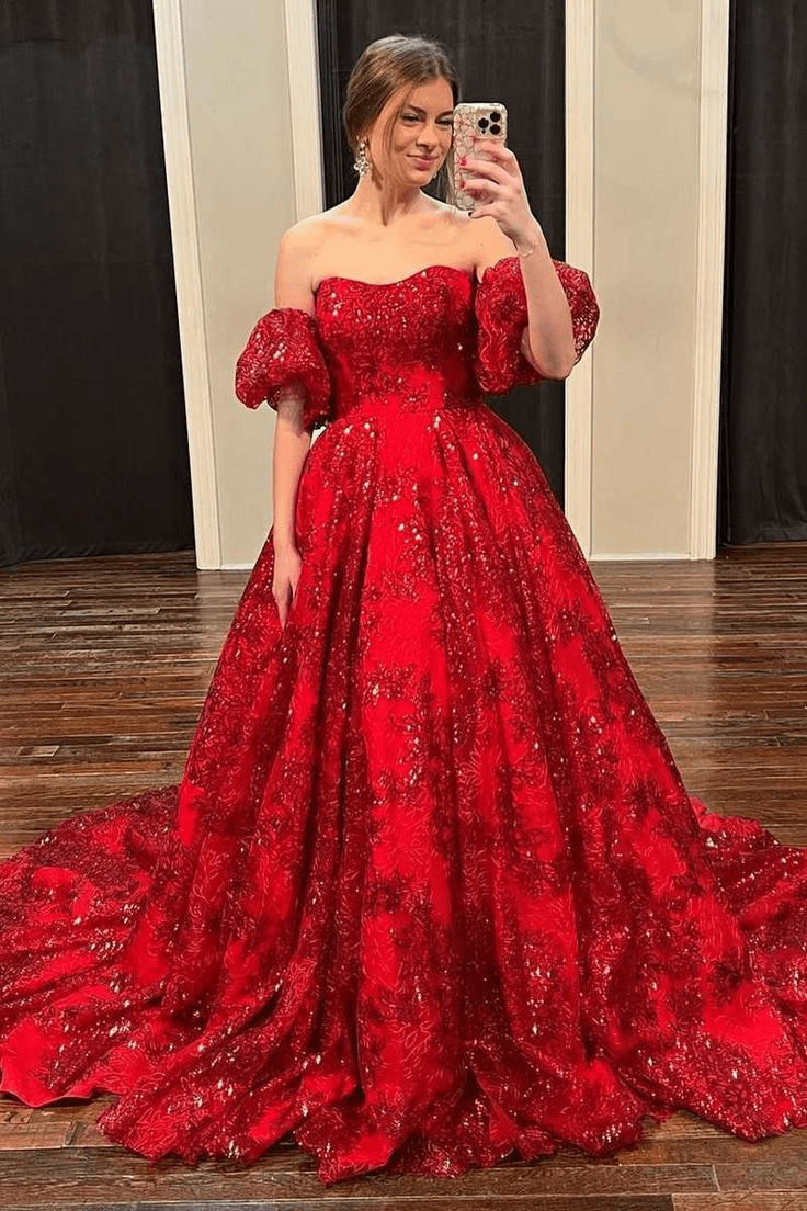 Red Floral Lace Strapless Ball Gown with Puff Sleeves