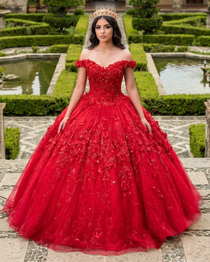 Ball Gown Lace Off - the - Shoulder Red Quinceanera Dress - KissProm