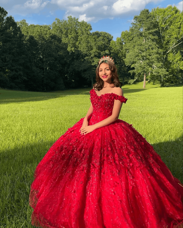 Ball Gown Lace Off-the-Shoulder Red Quinceanera Dress