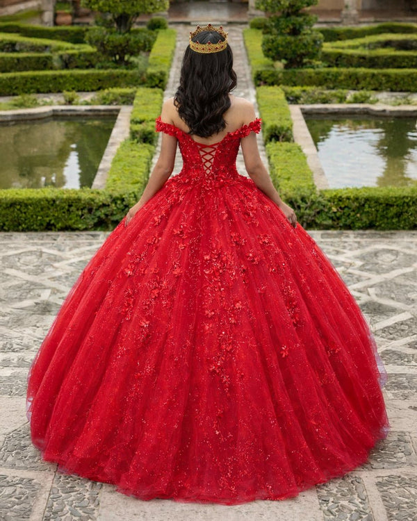 Ball Gown Lace Off - the - Shoulder Red Quinceanera Dress - KissProm