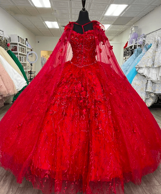 Ball Gown Lace Off-the-Shoulder Red Quinceanera Dress, Red / 0 / With Cape Ball Gown Lace Off-the-Shoulder Red Quinceanera Dress, Red / 0 / With Cape