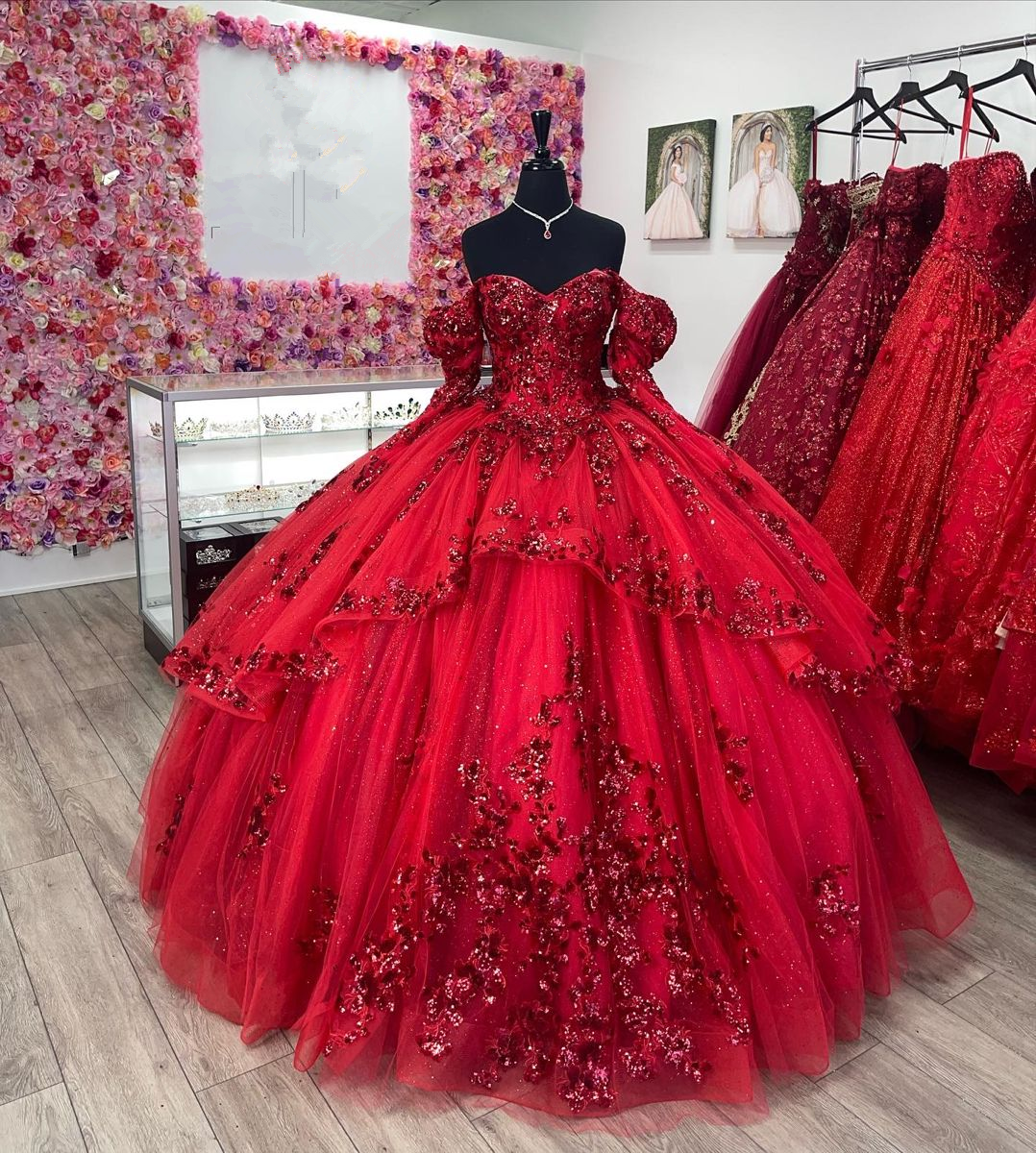 Red Ball Gown Off-the-Shoulder Lace-Up Back Quinceanera Dresses