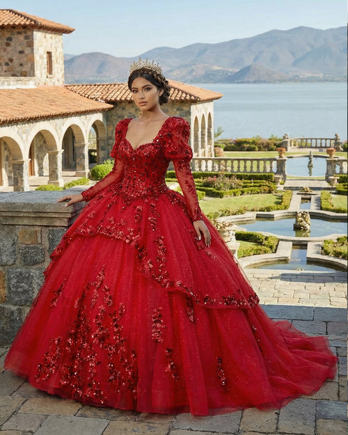 KissProm- Red Ball Gown Off-the-Shoulder Lace-Up Back Quinceanera Dresses