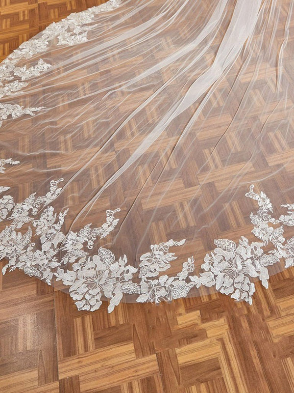 Luxury Floral Lace Cathedral Train Veil Bridal Veil Wedding Veil - KissProm