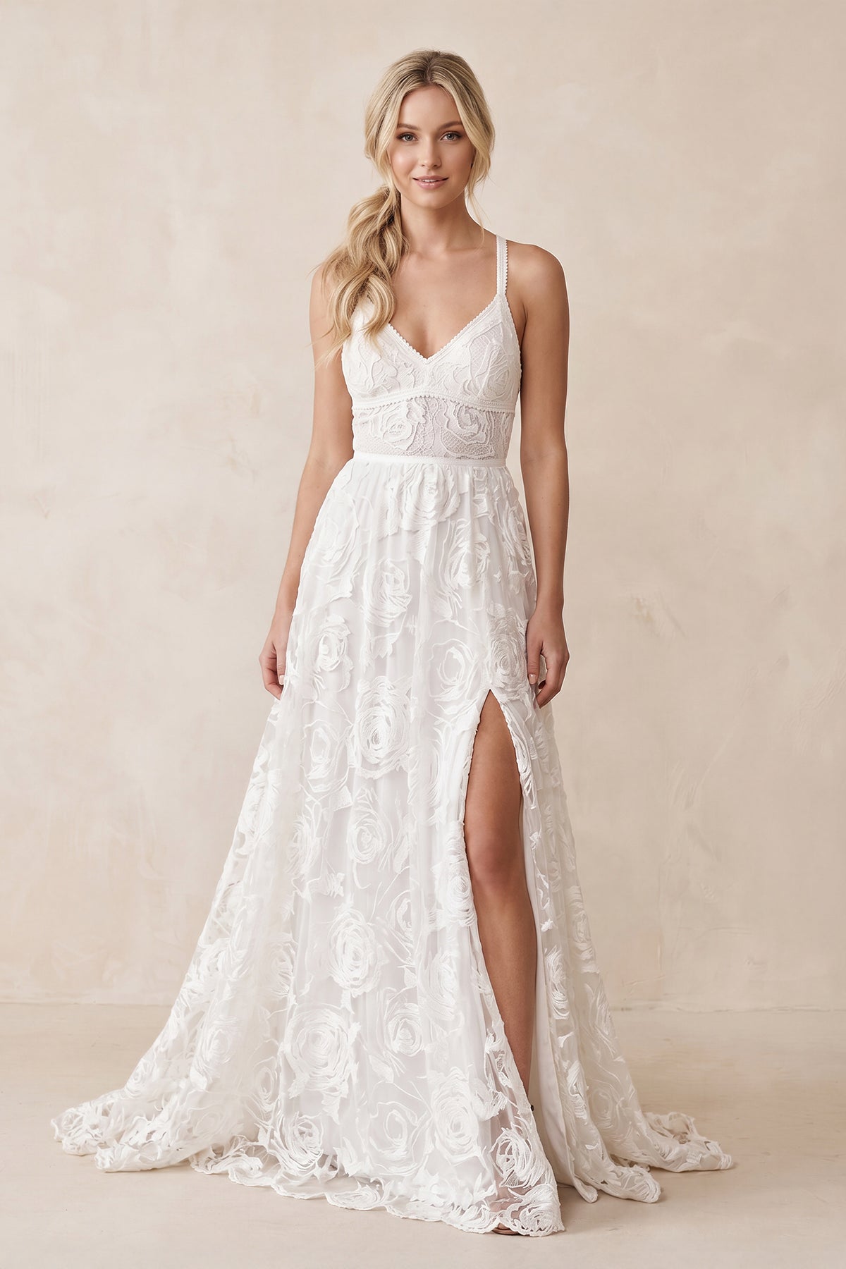 halter white lace dress KissProm Luxury Chic A-Line Bohemian Wedding with Slit Bridal Gowns, Diamond / 16 Stars Wearing Sheer Outfits back design VIVA LA RIVERIA CAMPAIGN Color:Sherbet