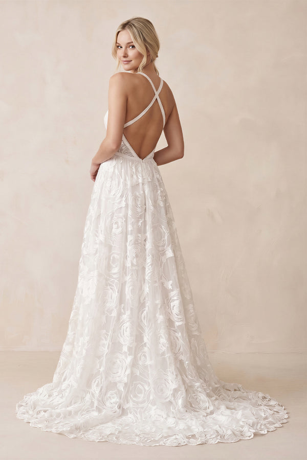Luxury Lace Chic Halter A-Line Bohemian Wedding Dress with Slit Bridal Gowns, Diamond White / 16 Luxury Lace Chic Halter A-Line Bohemian Wedding Dress with Slit Bridal Gowns, Diamond White / 16