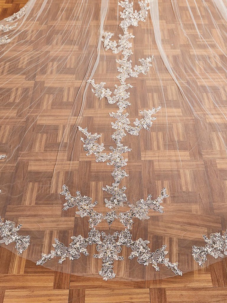 Luxury Sequins Lace Cathedral Train Veil Bridal Veil Wedding Veil - KissProm