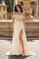 Off the Shoulder Satin Beaded Prom Dress With Appliques
