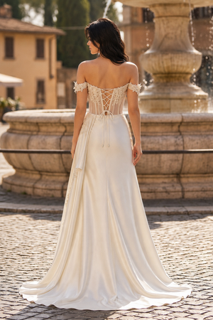Off the Shoulder Satin Beaded Prom Dress With Appliques