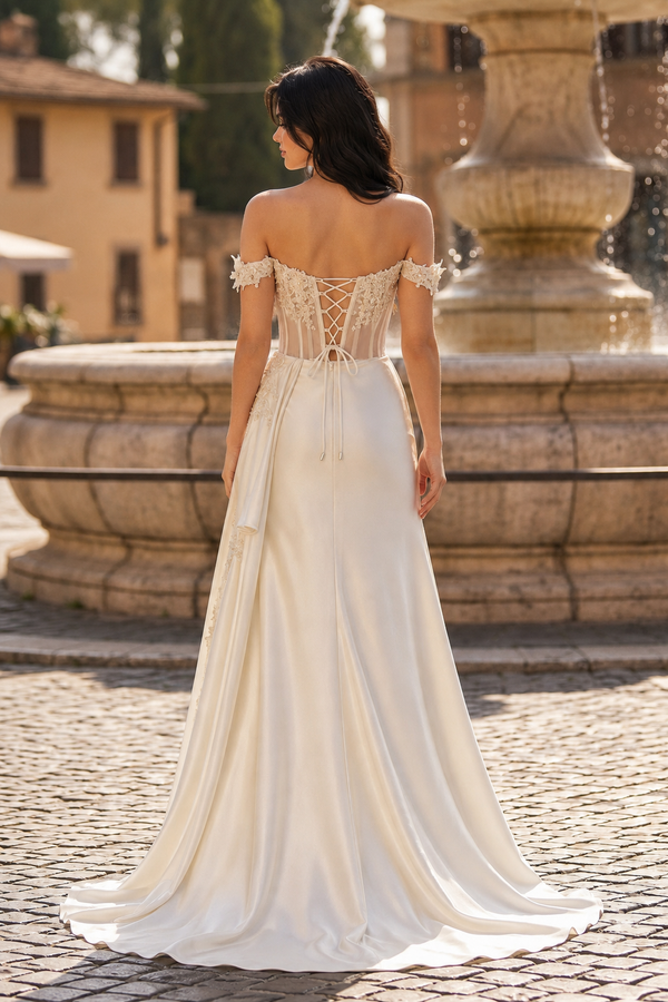 Off the Shoulder Satin Beaded Prom Dress With Appliques