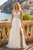 A-line V Neck Lace Tulle Prom Dress With Slit - KissProm