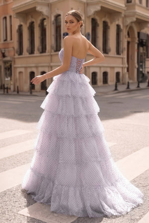 Polka Dot Strapless Ruffle Tiered Prom Gown with Keyholes – Prom Dress by KissProm | Available at KissProm