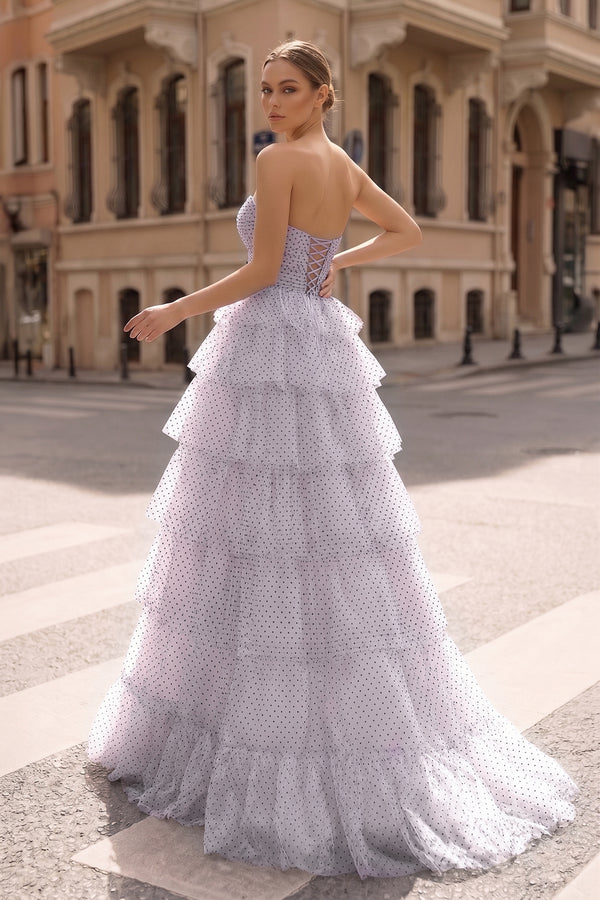 Polka Dot Strapless Ruffle Tiered Prom Gown with Keyholes – Prom Dress by KissProm | Available at KissProm
