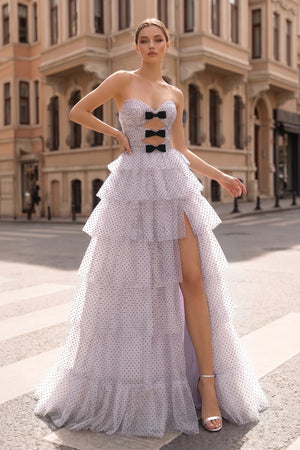 Polka Dot Strapless Ruffle Tiered Prom Gown with Keyholes – Prom Dress by KissProm | Available at KissProm