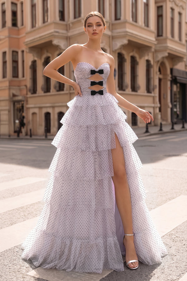 Polka Dot Strapless Ruffle Tiered Prom Gown with Keyholes – Prom Dress by KissProm | Available at KissProm