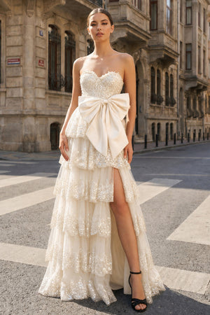 A-Line Sweetheart Sequin Ruffles Long Prom Dresses with Bow - KissProm