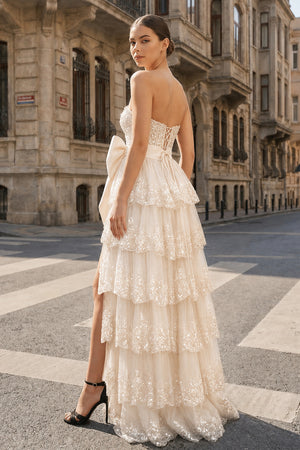 A-Line Sweetheart Sequin Ruffles Long Prom Dresses with Bow - KissProm