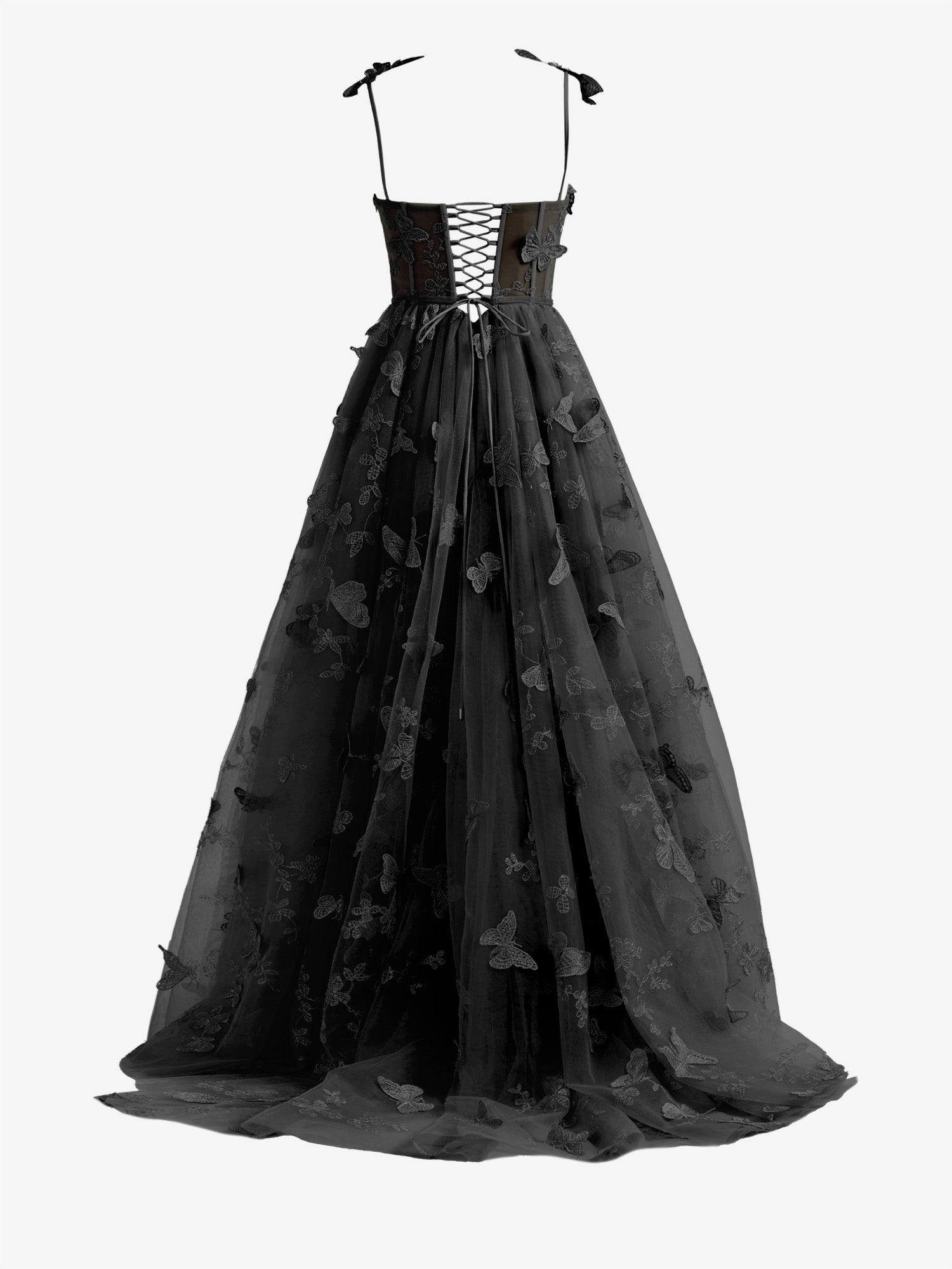 Lydia | Black A-line Butterfly Lace Lilac Corset Prom Dress with Slit