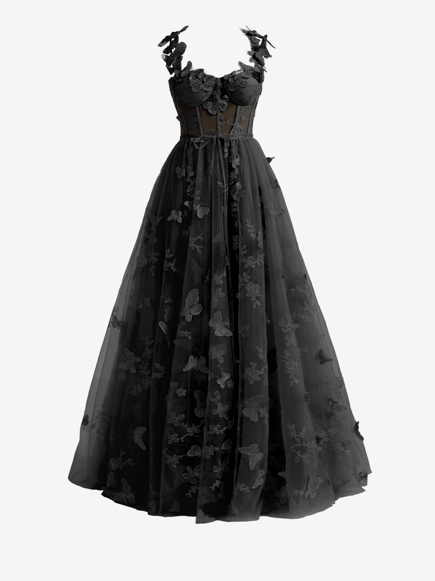 Lydia | Black A-line Butterfly Lace Lilac Corset Prom Dress with Slit