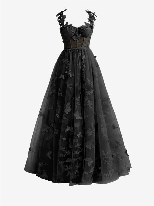 black butterfly prom dress Lydia A line Butterfly Lace Tulle Lilac Corset Prom Dress with Slit Black / 8