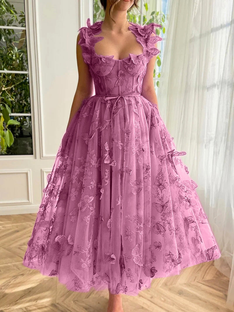 Lydia A line Butterfly Lace Tulle Lilac Corset Prom Dress with Slit