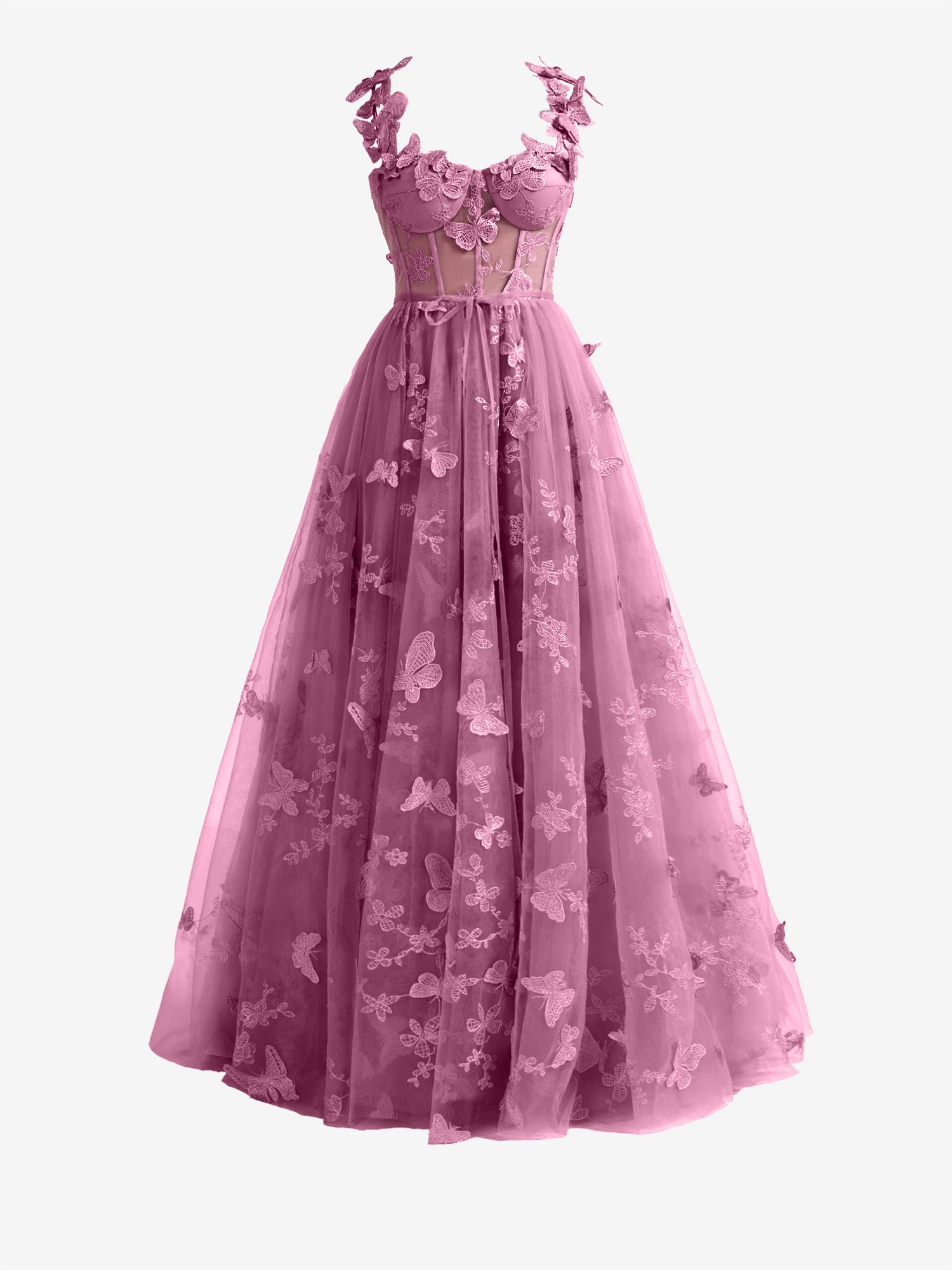 Lydia | Candy Pink A-line Butterfly Lace Lilac Corset Prom Dress with Slit