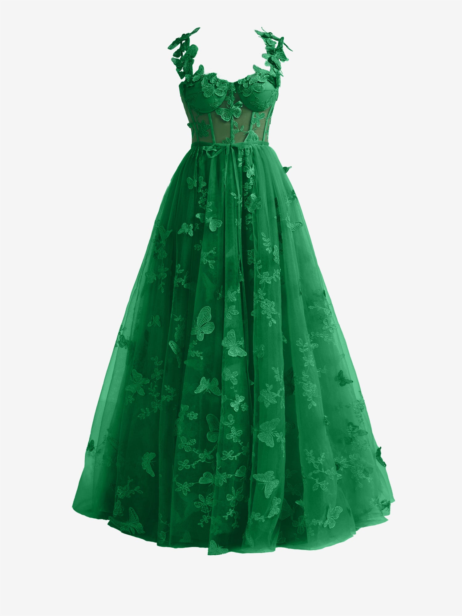 Lydia | Dark Green A-line Butterfly Lace Lilac Corset Prom Dress with Slit
