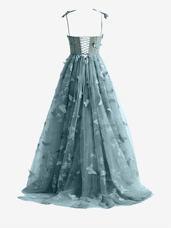 Dusty Blue A-line Butterfly Lace Lilac Corset Prom Dress with Slit – Prom Dress by KissProm | Available at KissProm