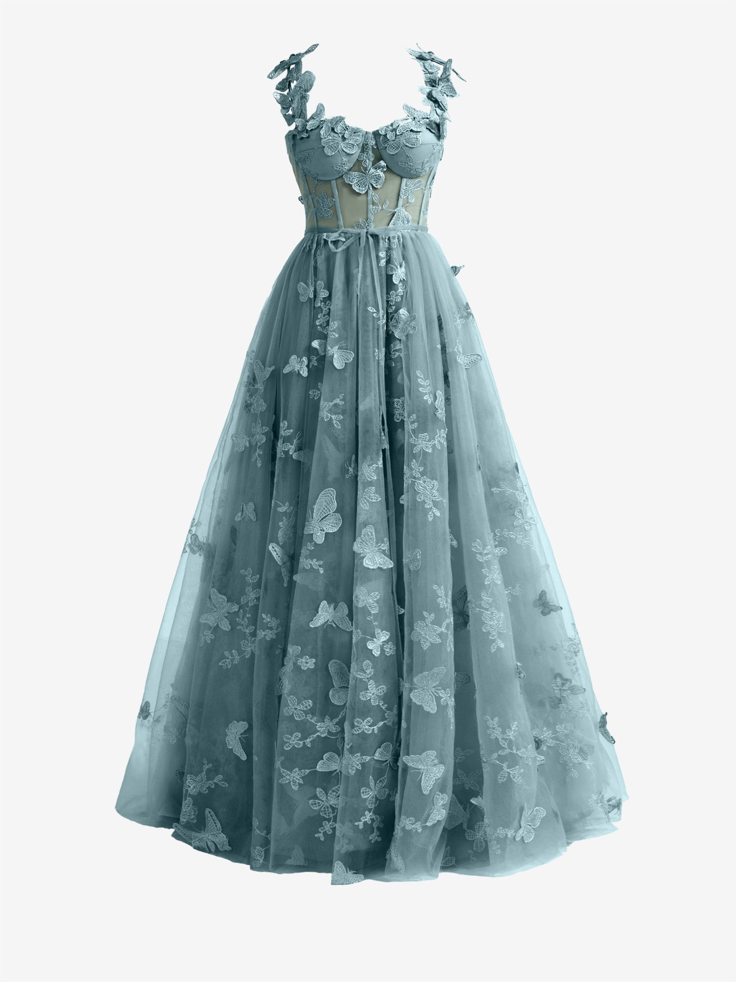 Lydia | Dusty Blue A-line Butterfly Lace Lilac Corset Prom Dress with Slit