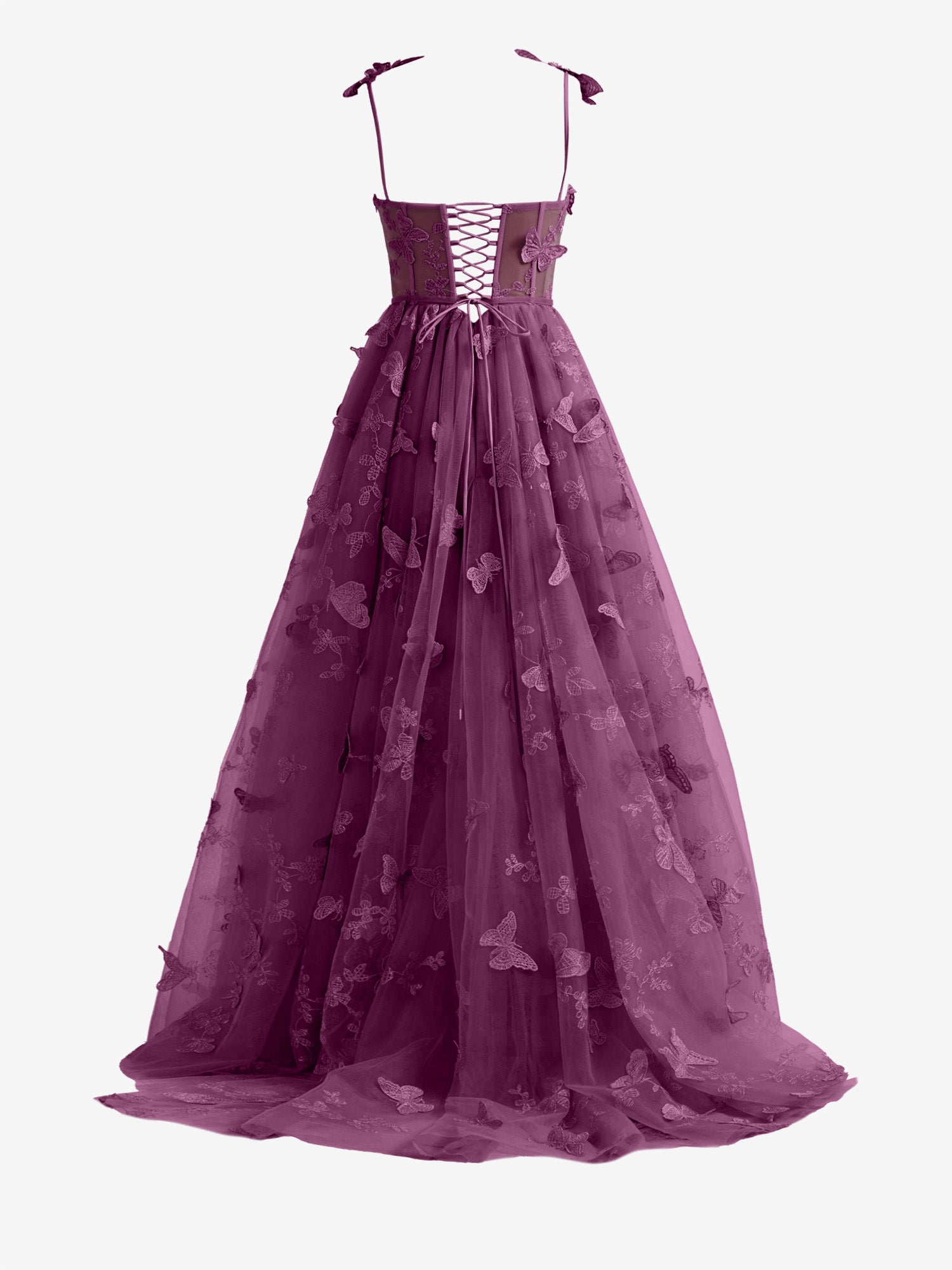 Lydia | Grape A-line Butterfly Lace Lilac Corset Prom Dress with Slit