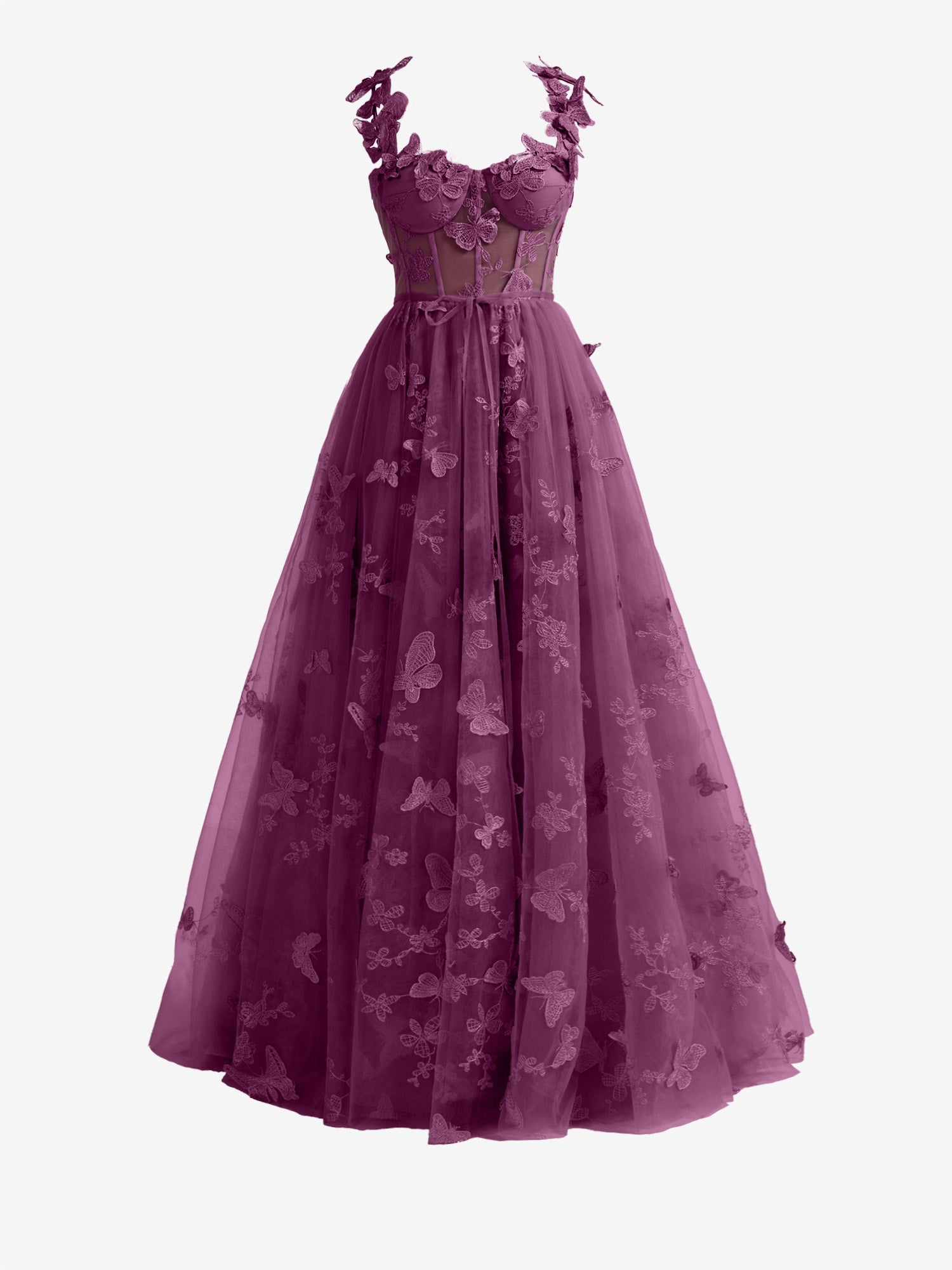 Lydia | Grape A-line Butterfly Lace Lilac Corset Prom Dress with Slit