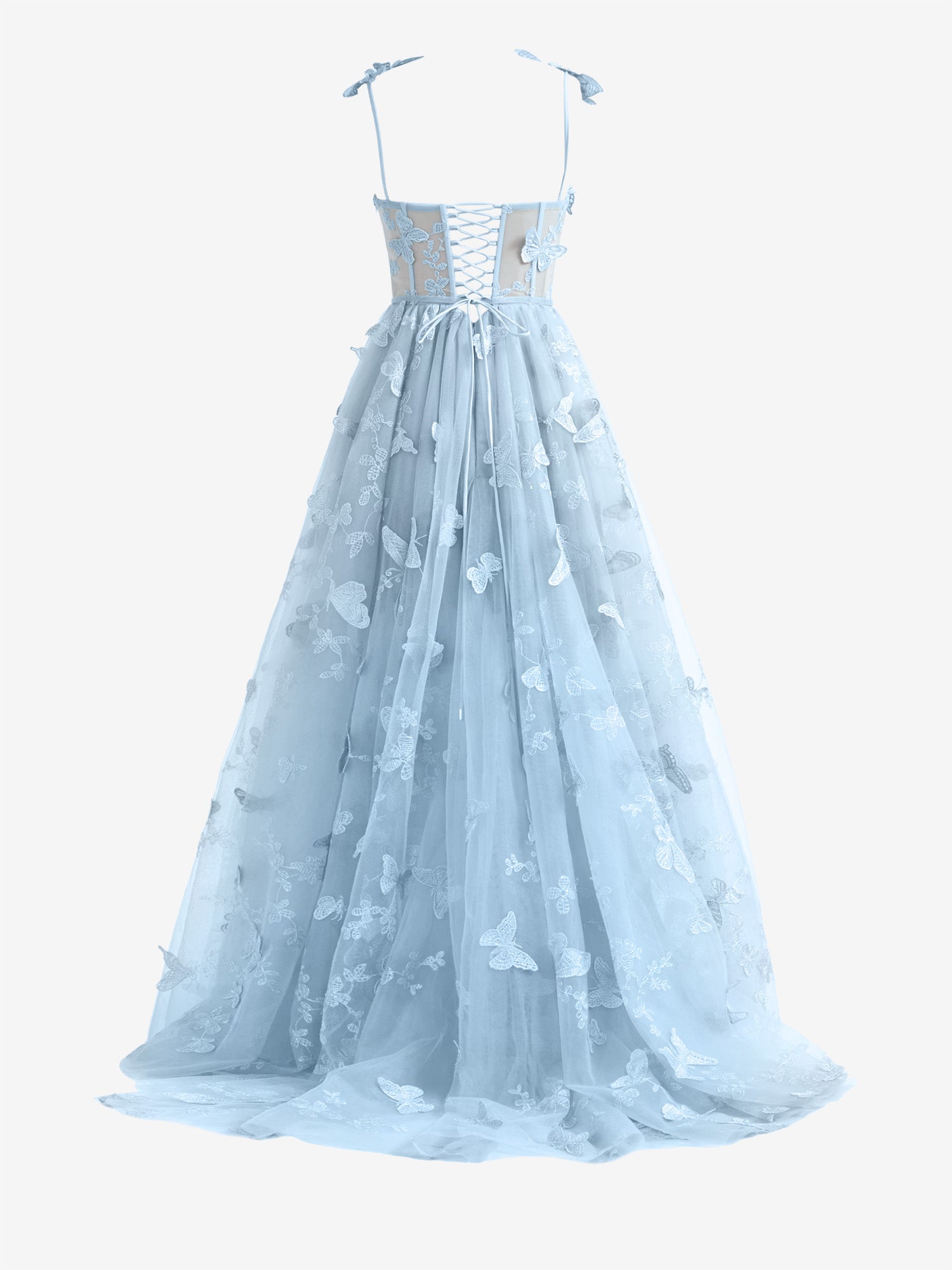 Lydia | Sky Blue A-line Butterfly Lace Lilac Corset Prom Dress with Slit