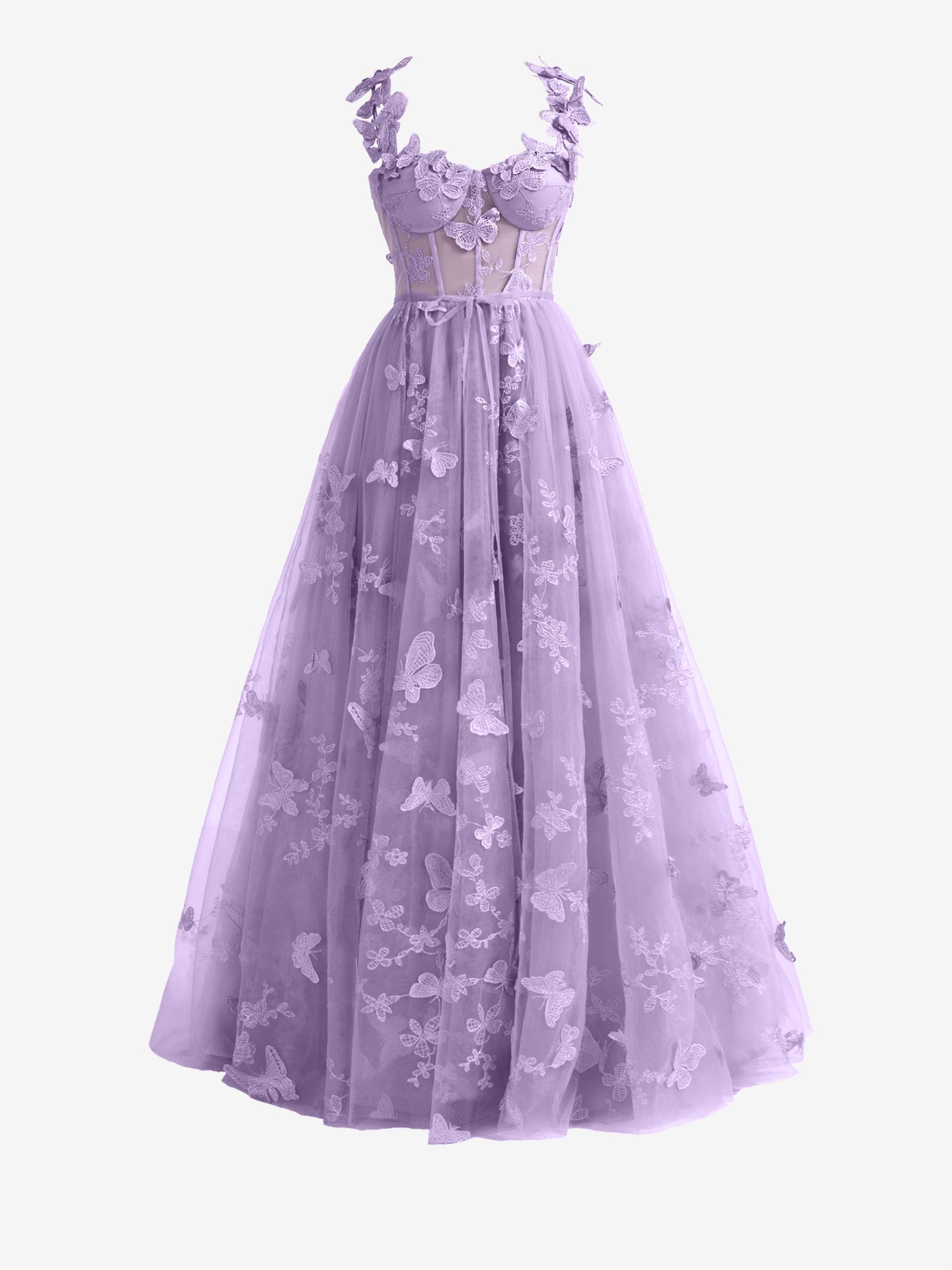 Lydia | Light Purple A-line Butterfly Lace Lilac Corset Prom Dress with Slit