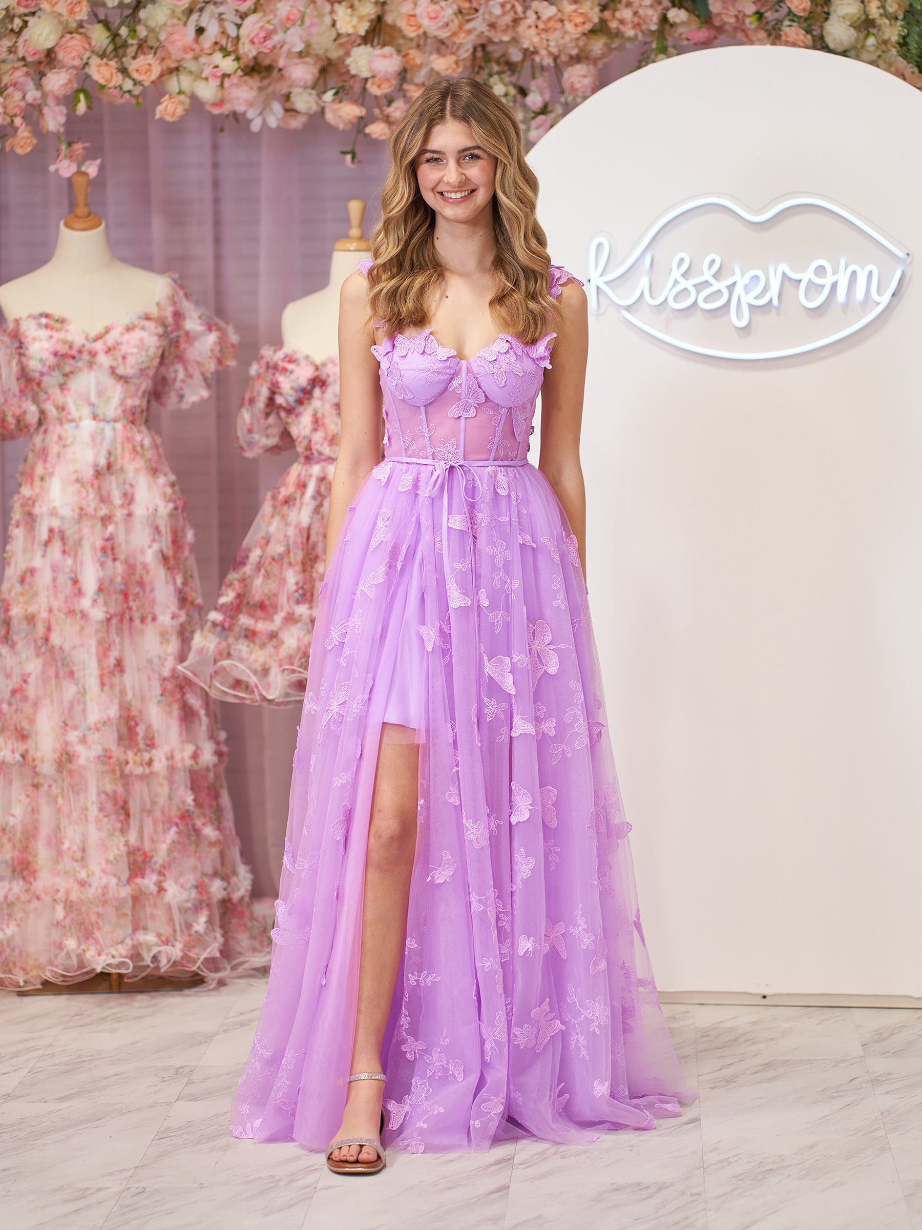 Lydia | Lilac A-line Butterfly Lace Lilac Corset Prom Dress with Slit