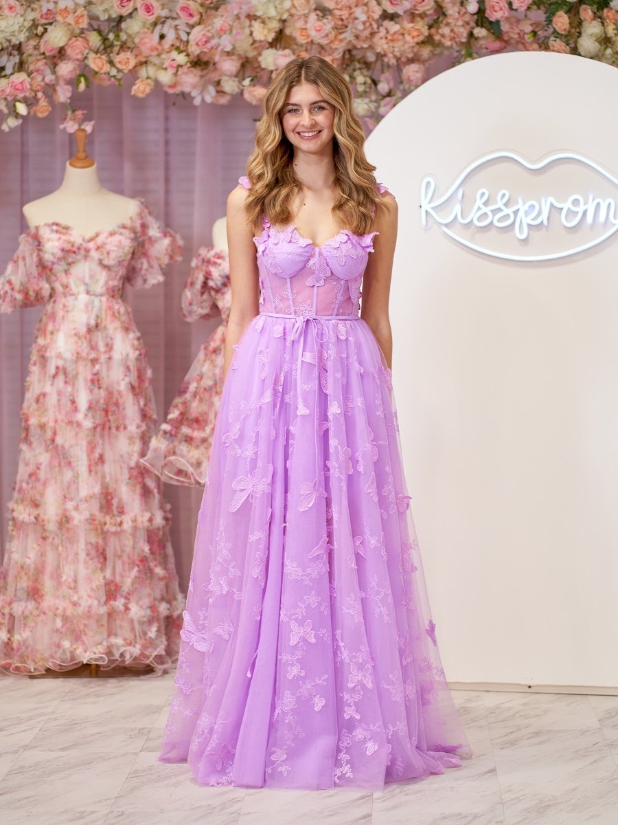 Lilac A-line Butterfly Lace Lilac Corset Prom Dress with Slit Lilac A-line Butterfly Lace Lilac Corset Prom Dress with Slit