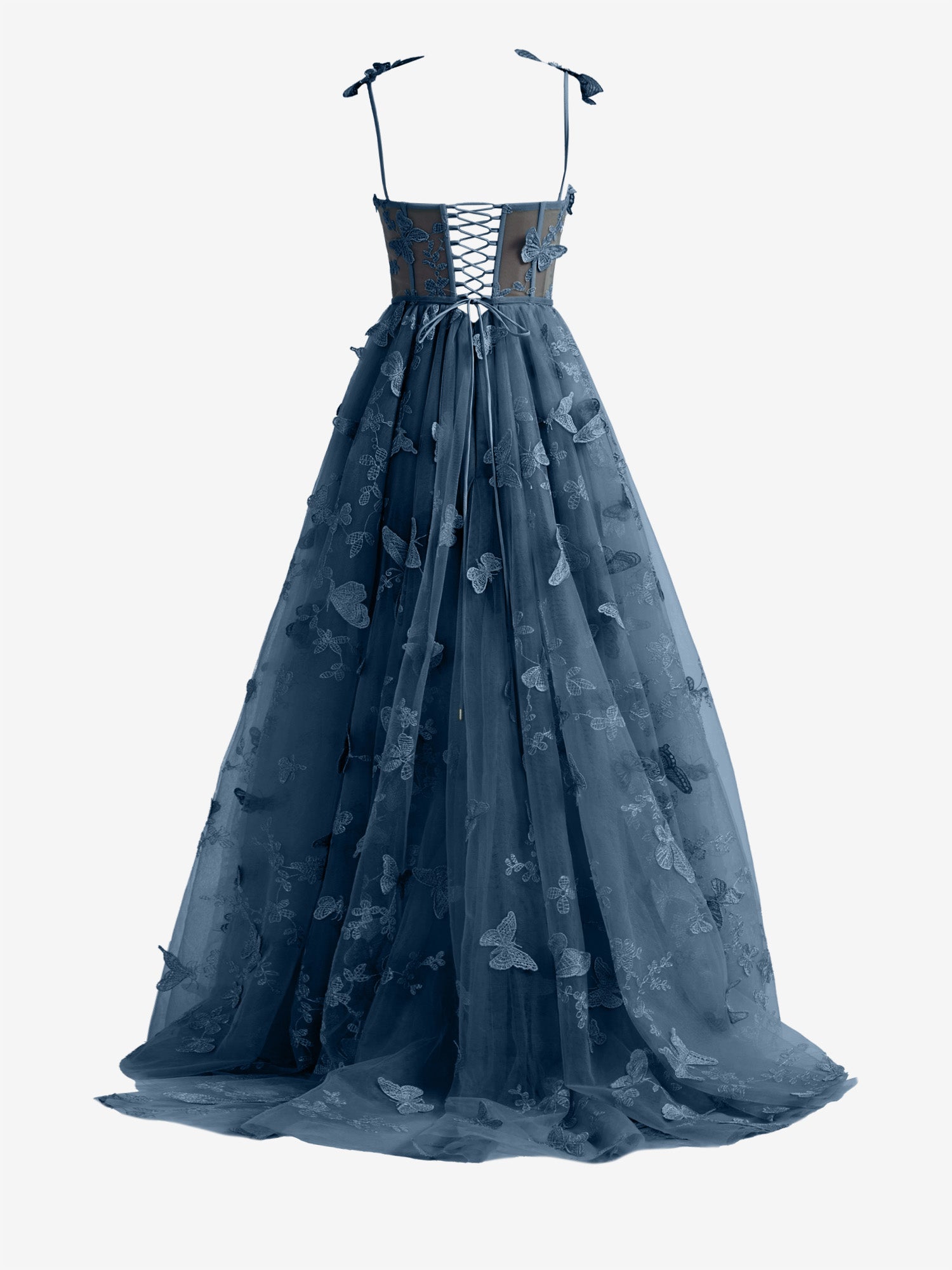 Lydia | Navy Blue A-line Butterfly Lace Lilac Corset Prom Dress with Slit