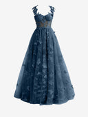 Lydia | Navy Blue A-line Butterfly Lace Lilac Corset Prom Dress with Slit