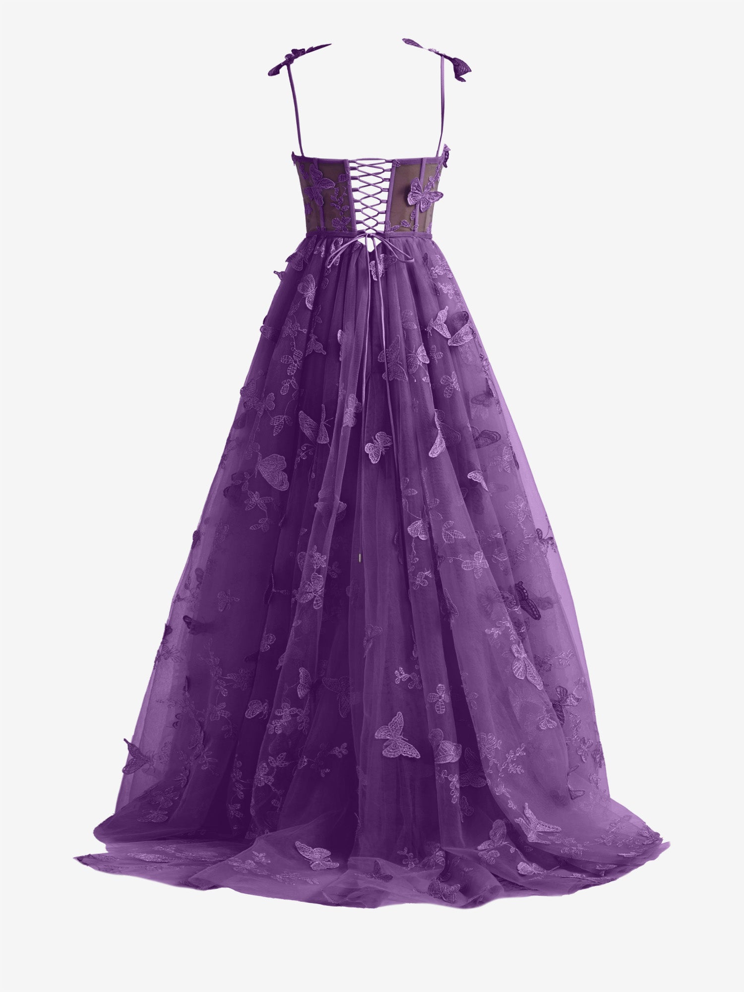 Lydia | Purple A-line Butterfly Lace Lilac Corset Prom Dress with Slit