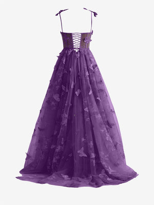 Lydia A Line Butterfly Lace Tulle Lilac Corset Prom Dress with Slit Purple / 14