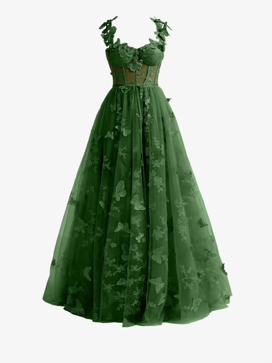 Lydia | Teal A-line Butterfly Lace Lilac Corset Prom Dress with Slit