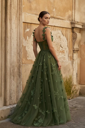 Teal A - line Butterfly Lace Lilac Corset Prom Dress with Slit - KissProm