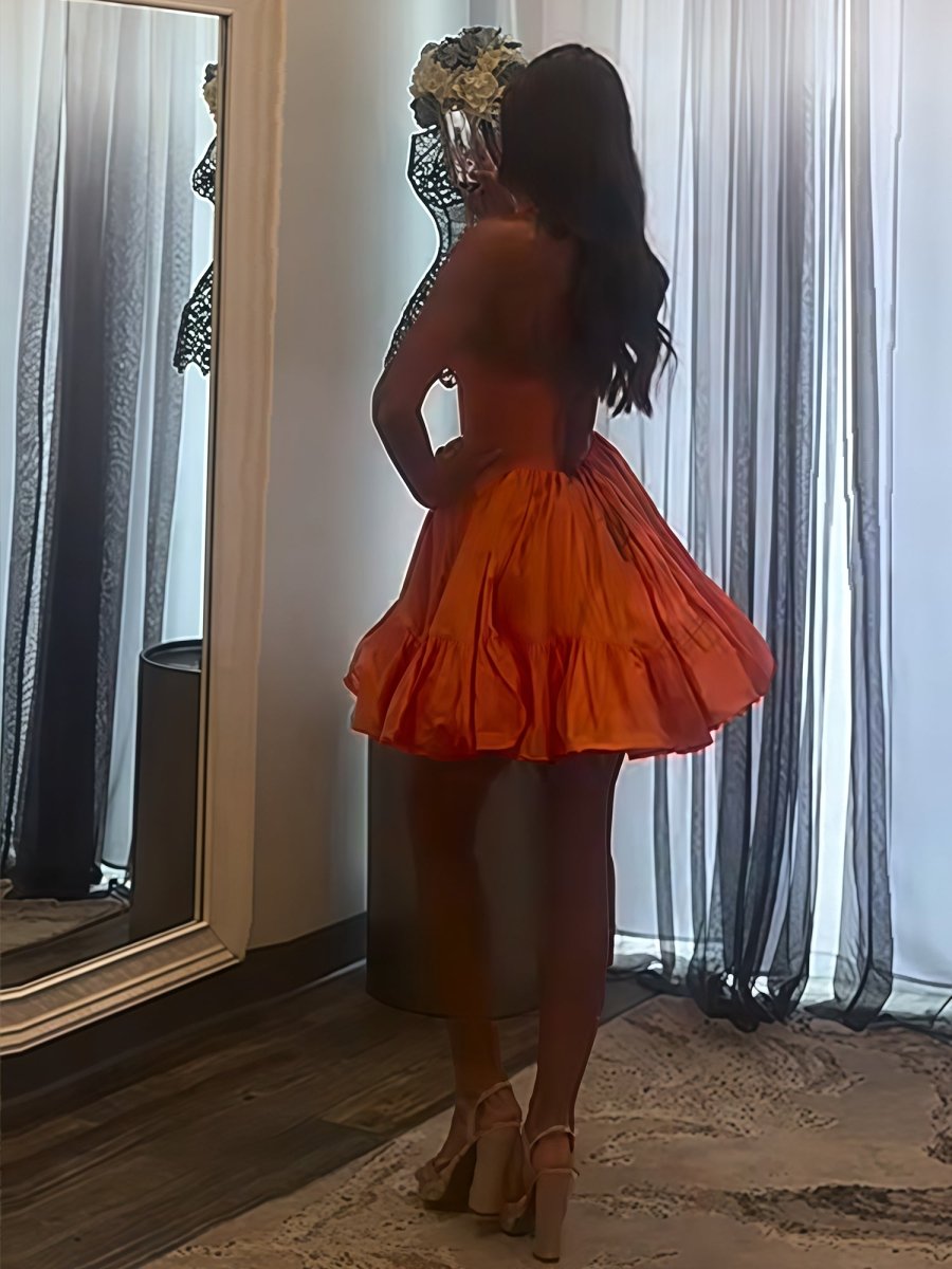 Lys | Orange - Halter A Line Ruffled Short Homecoming Dress With Beading