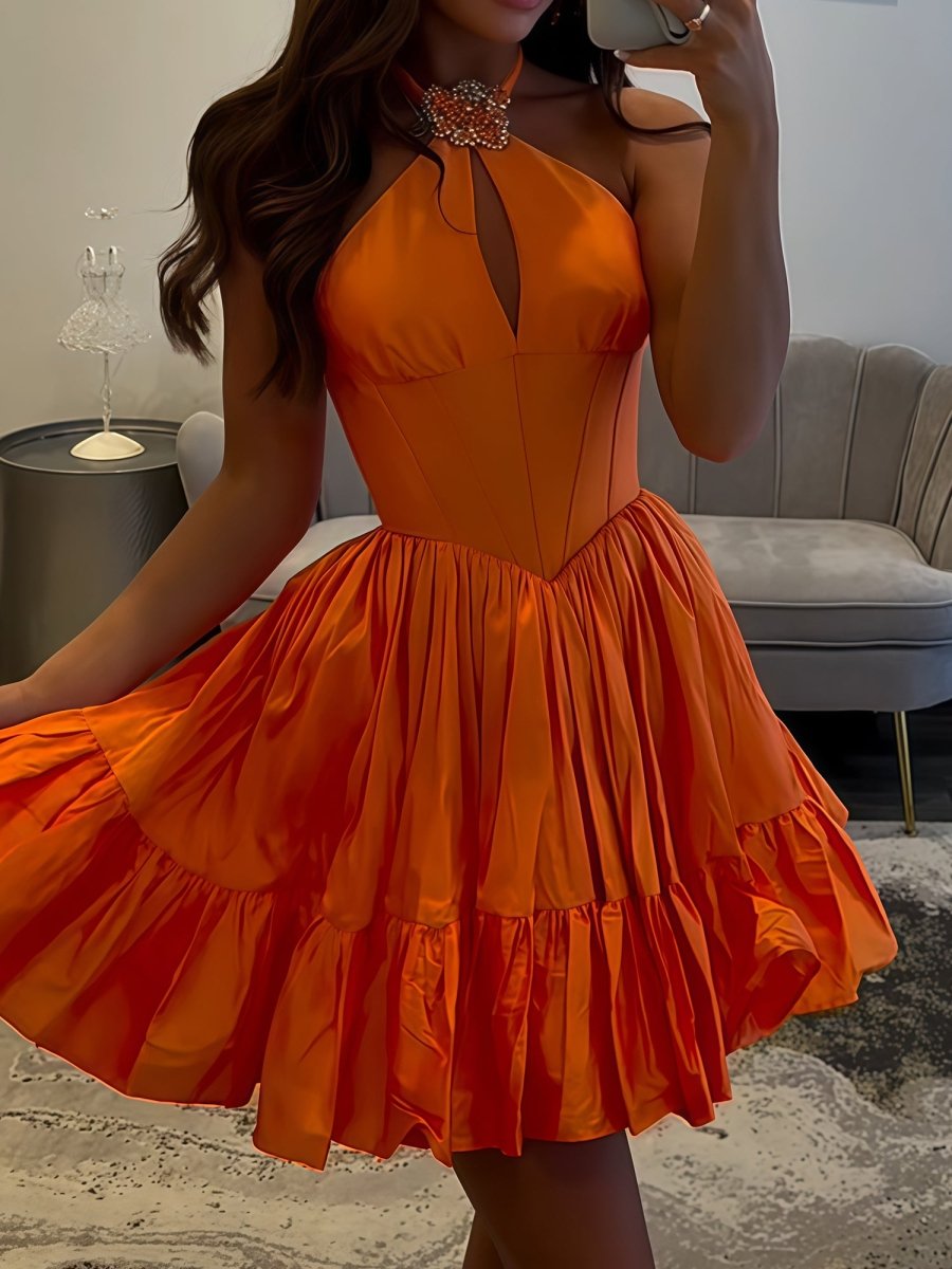 Lys | Orange - Halter A Line Ruffled Short Homecoming Dress With Beading