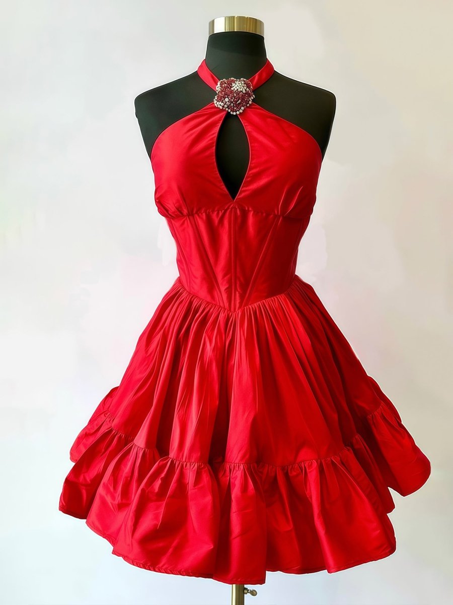 Lys | Red - Halter A Line Ruffled Short Homecoming Dress With Beading